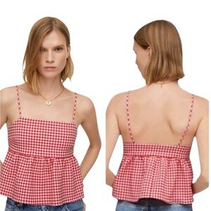 Mango Vichy Red Gingham Checkered Cotton Blend Crop Top Thin‎ Straps Size S